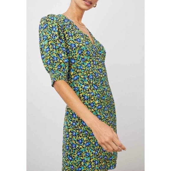 Rails Roma Abstract Floral V-Neck Mini Dress Blue Green Yellow Puff Sleeve XS - Picture 2 of 12